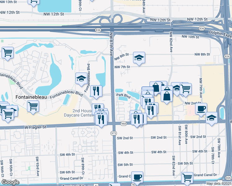 map of restaurants, bars, coffee shops, grocery stores, and more near 12257 Park Boulevard in Miami
