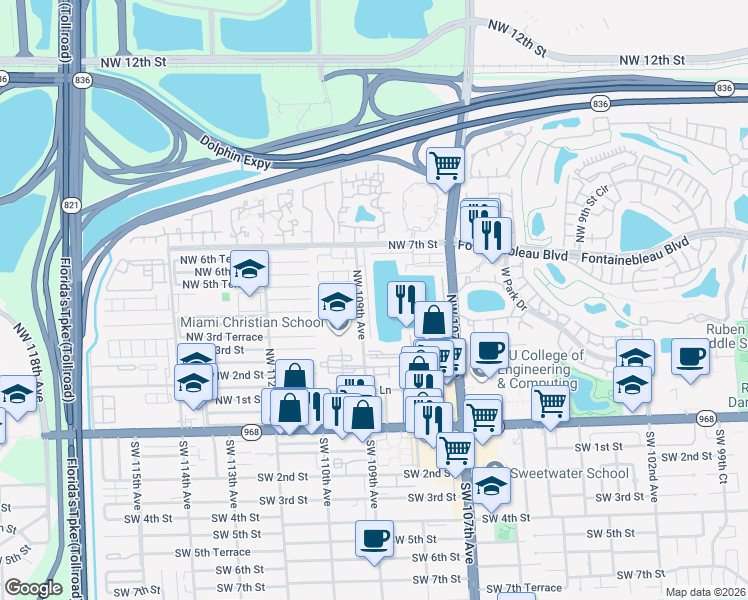 map of restaurants, bars, coffee shops, grocery stores, and more near 321 Northwest 109th Avenue in Miami