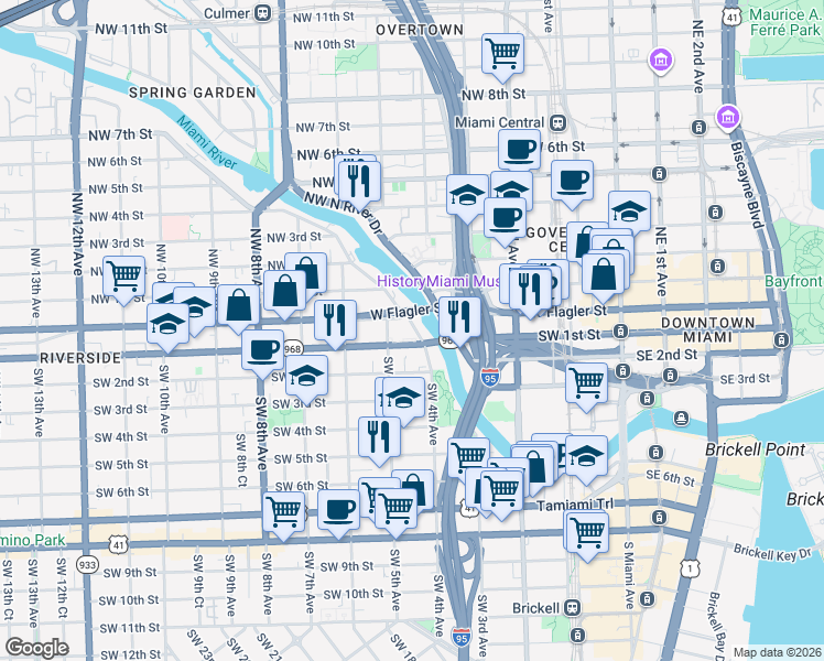 map of restaurants, bars, coffee shops, grocery stores, and more near 10 Southwest South River Drive in Miami