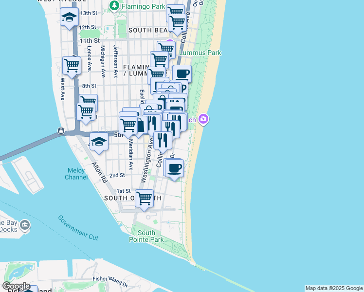 map of restaurants, bars, coffee shops, grocery stores, and more near 401 Ocean Drive in Miami Beach