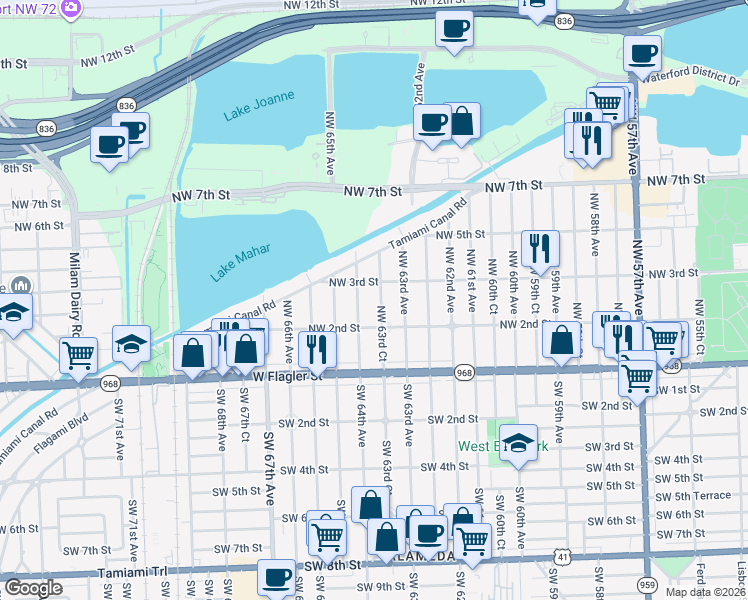 map of restaurants, bars, coffee shops, grocery stores, and more near 230 Northwest 63rd Court in Miami