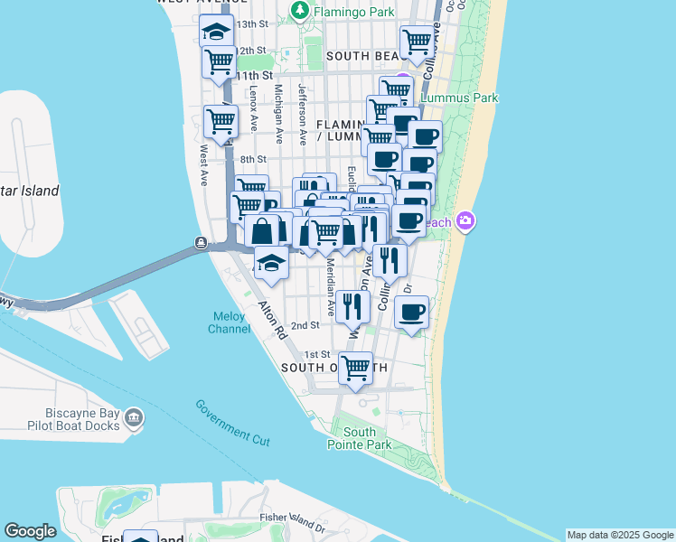 map of restaurants, bars, coffee shops, grocery stores, and more near 325 Meridian Avenue in Miami Beach