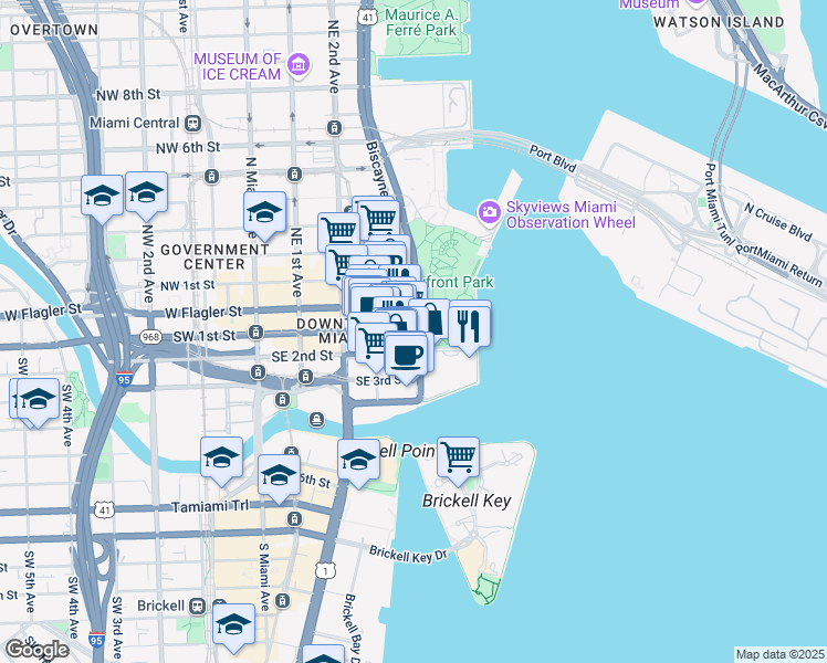 map of restaurants, bars, coffee shops, grocery stores, and more near 120 South Biscayne Boulevard in Miami