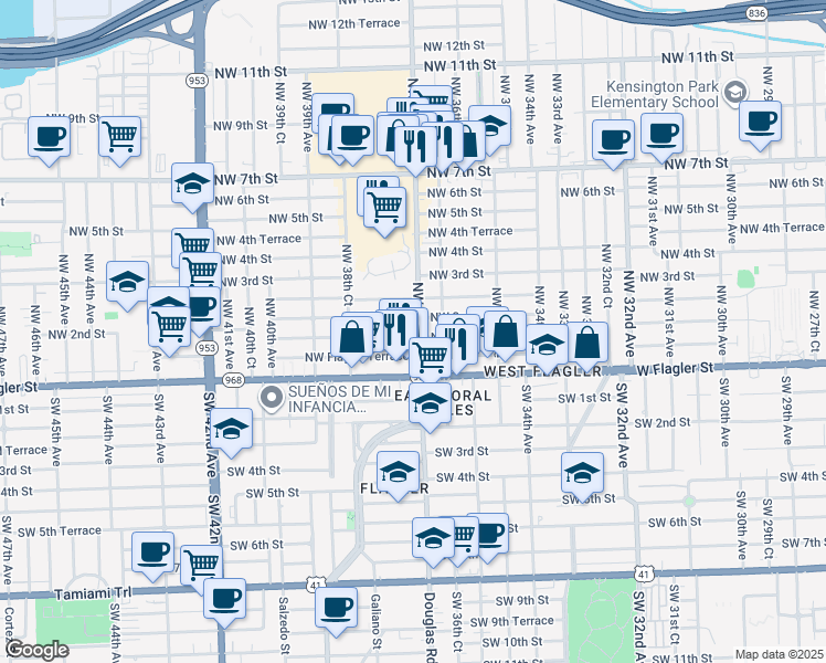 map of restaurants, bars, coffee shops, grocery stores, and more near 3710 Northwest 1st Street in Miami
