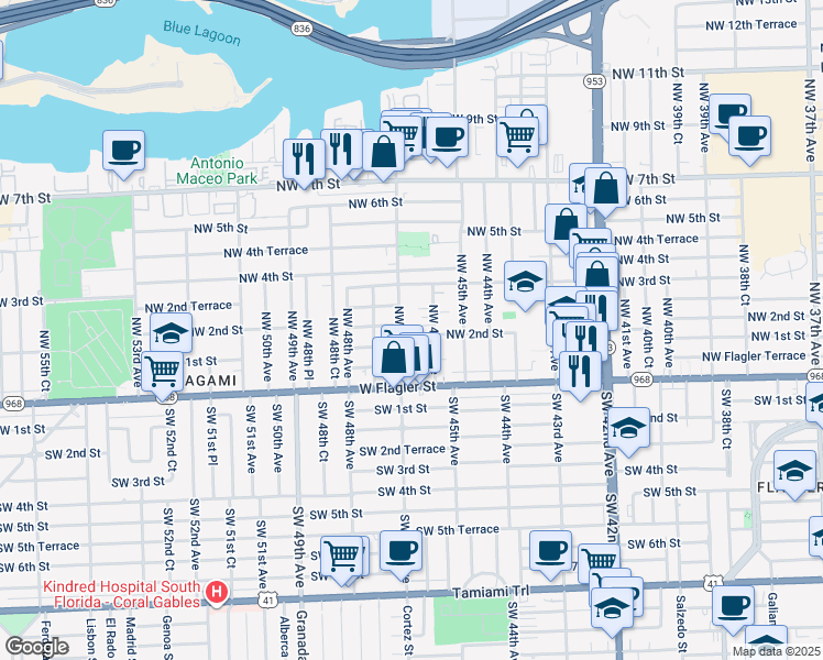 map of restaurants, bars, coffee shops, grocery stores, and more near 101 Northwest 47th Avenue in Miami