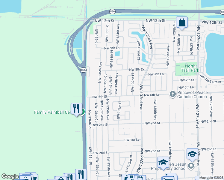 map of restaurants, bars, coffee shops, grocery stores, and more near 626 Northwest 134th Place in Miami