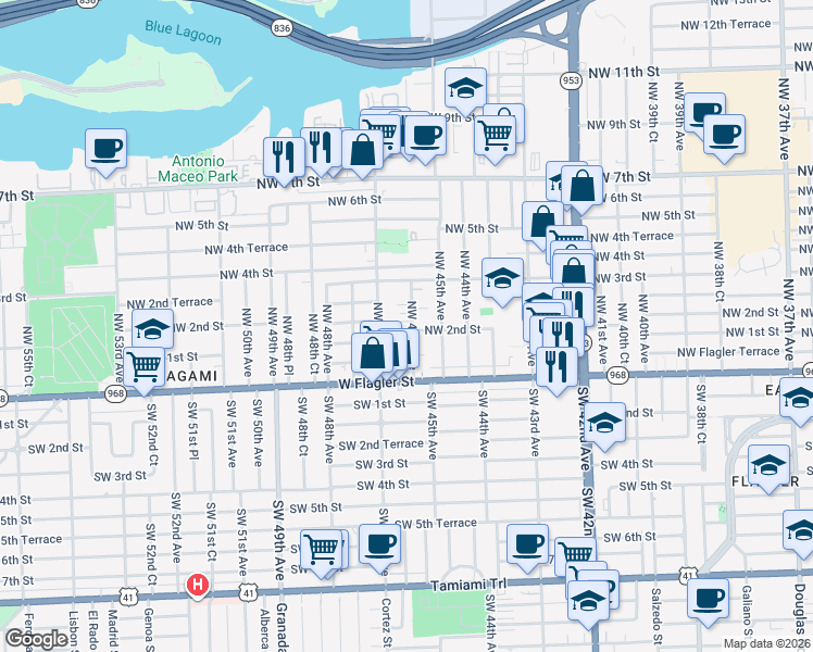 map of restaurants, bars, coffee shops, grocery stores, and more near 101 Northwest 47th Avenue in Miami