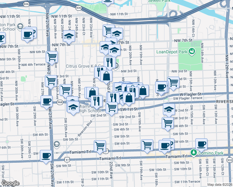map of restaurants, bars, coffee shops, grocery stores, and more near in Miami