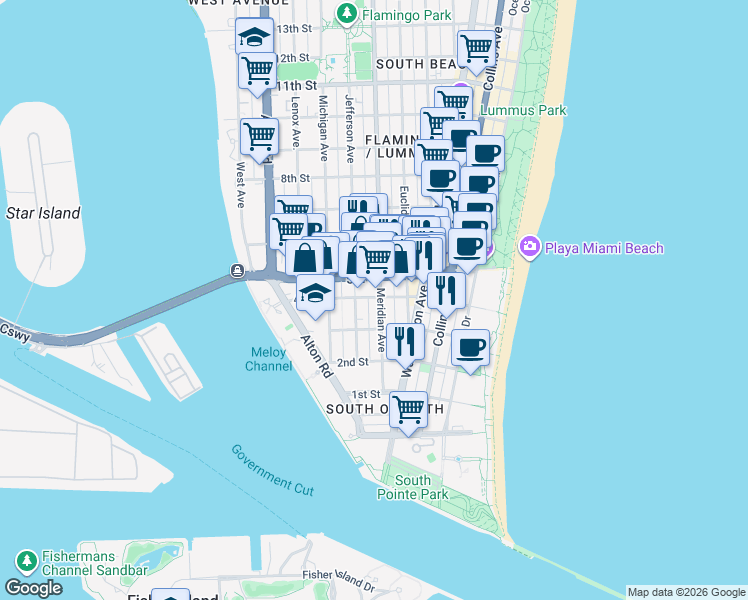 map of restaurants, bars, coffee shops, grocery stores, and more near 325 Meridian Avenue in Miami Beach