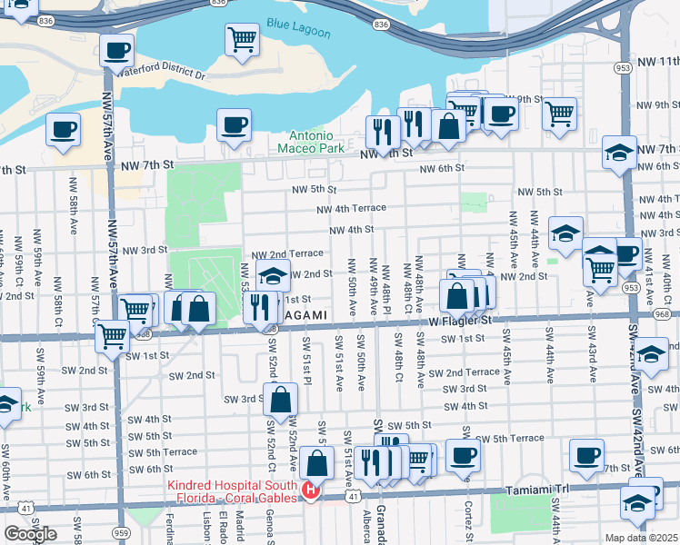 map of restaurants, bars, coffee shops, grocery stores, and more near 102 Northwest 2nd Street in Doral