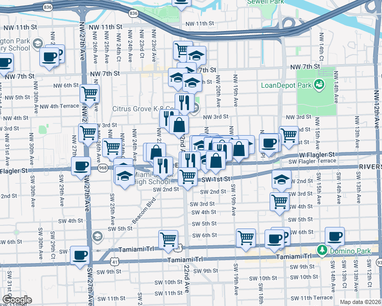 map of restaurants, bars, coffee shops, grocery stores, and more near in Miami