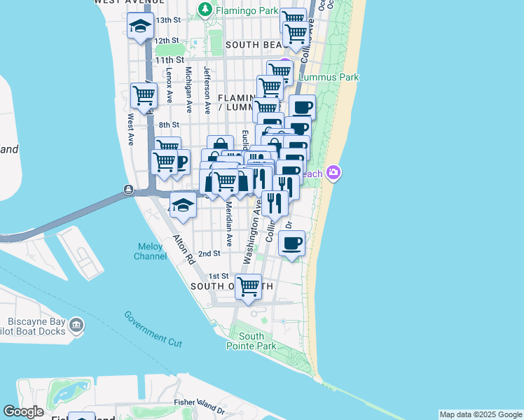 map of restaurants, bars, coffee shops, grocery stores, and more near in Miami Beach