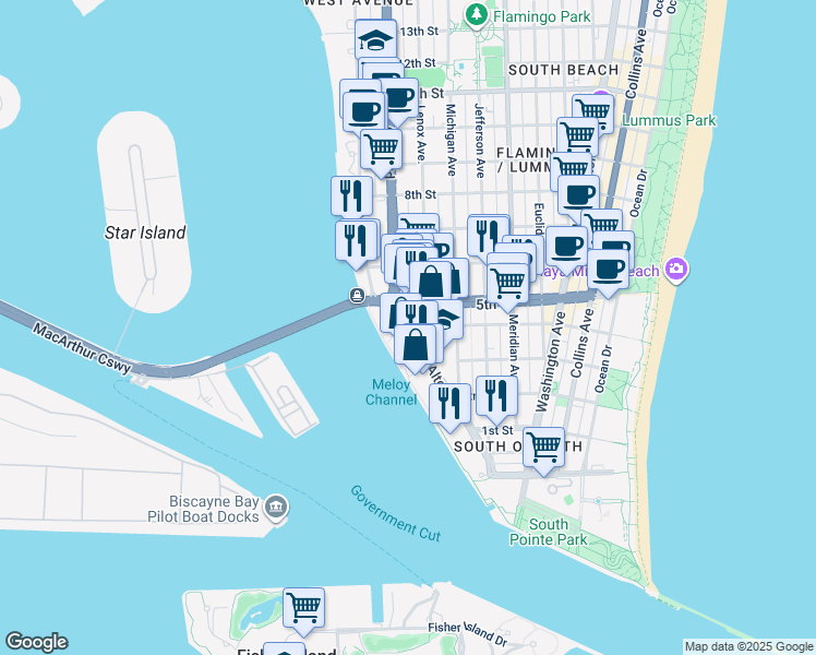 map of restaurants, bars, coffee shops, grocery stores, and more near 400 Alton Road in Miami Beach