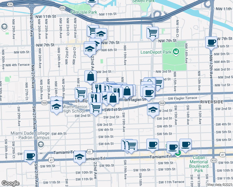map of restaurants, bars, coffee shops, grocery stores, and more near 1917 West Flagler Street in Miami