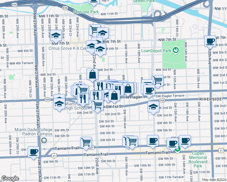 map of restaurants, bars, coffee shops, grocery stores, and more near 2033 West Flagler Street in Miami
