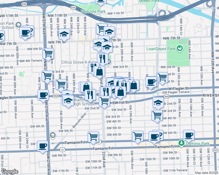 map of restaurants, bars, coffee shops, grocery stores, and more near in Miami