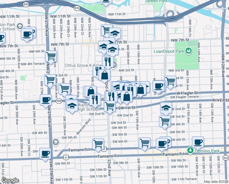 map of restaurants, bars, coffee shops, grocery stores, and more near in Miami