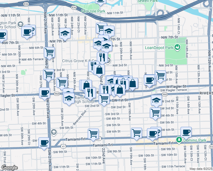 map of restaurants, bars, coffee shops, grocery stores, and more near in Miami