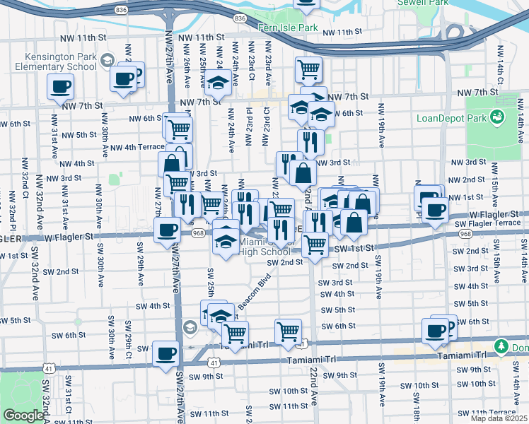 map of restaurants, bars, coffee shops, grocery stores, and more near 2306 Northwest Flagler Terrace in Miami