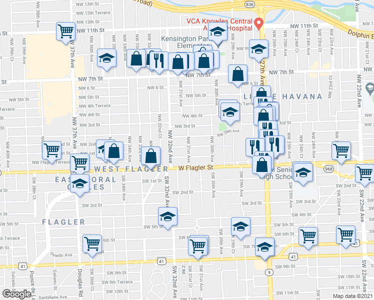 map of restaurants, bars, coffee shops, grocery stores, and more near 3091 Northwest Flagler Terrace in Miami