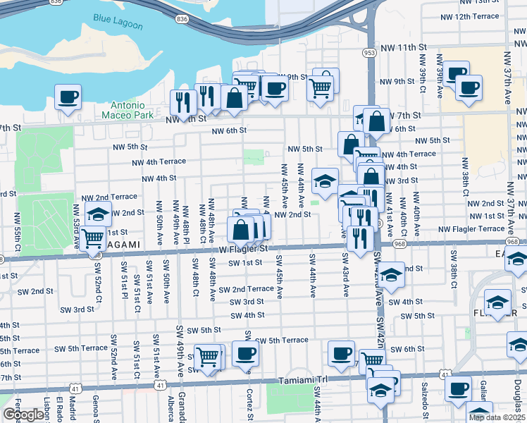 map of restaurants, bars, coffee shops, grocery stores, and more near 101 Northwest 47th Avenue in Miami