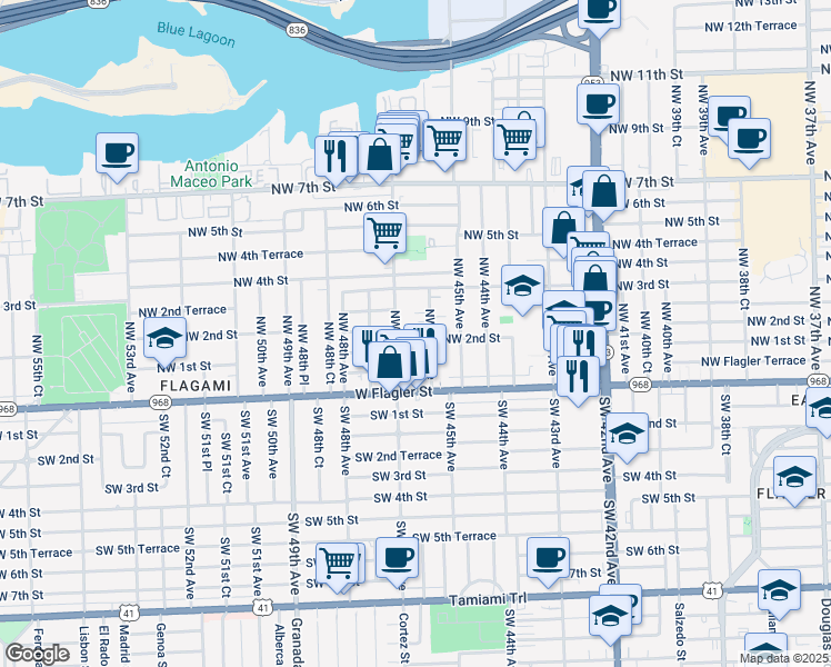 map of restaurants, bars, coffee shops, grocery stores, and more near 101 Northwest 47th Avenue in Miami