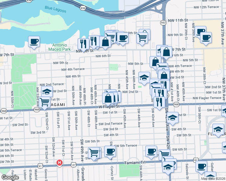 map of restaurants, bars, coffee shops, grocery stores, and more near 101 Northwest 47th Avenue in Miami