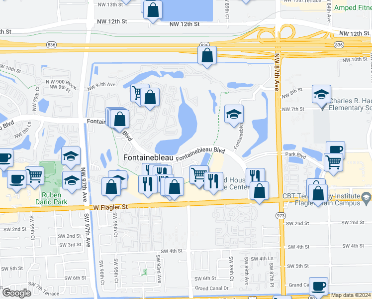 map of restaurants, bars, coffee shops, grocery stores, and more near 9120 Fontainebleau Boulevard in Doral