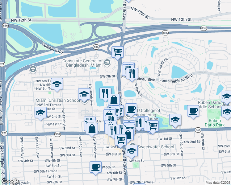 map of restaurants, bars, coffee shops, grocery stores, and more near 400 Northwest 107th Avenue in Miami