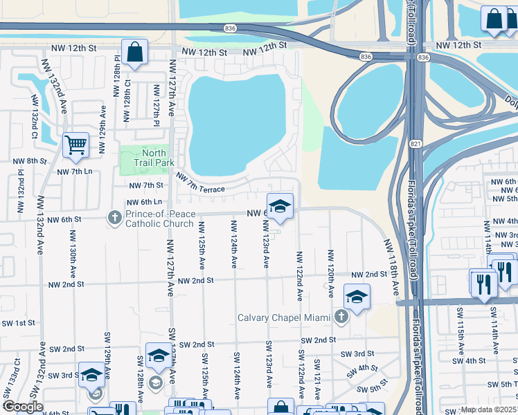 map of restaurants, bars, coffee shops, grocery stores, and more near 590 Northwest 123rd Avenue in Miami