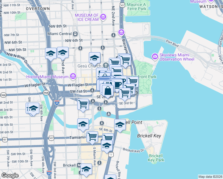 map of restaurants, bars, coffee shops, grocery stores, and more near 100 Southeast 2nd Street in Miami