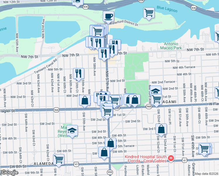 map of restaurants, bars, coffee shops, grocery stores, and more near 216 Northwest 56th Court in Miami