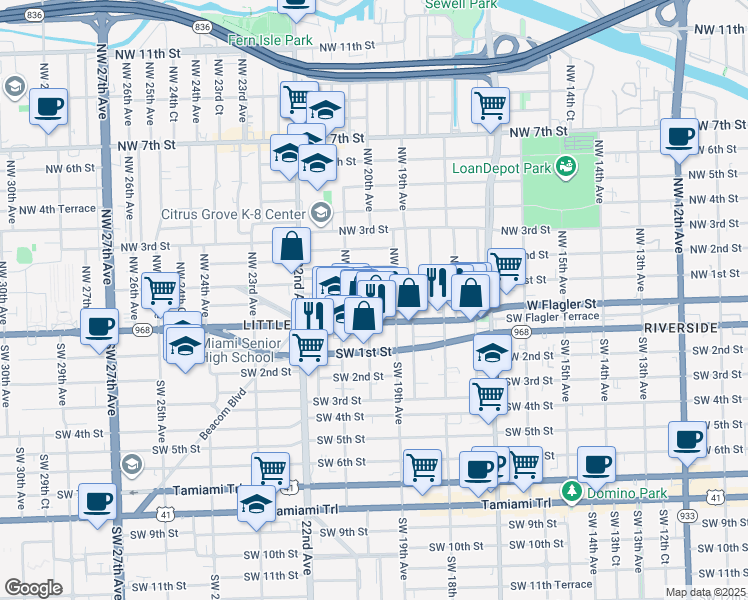 map of restaurants, bars, coffee shops, grocery stores, and more near 1917 West Flagler Street in Miami