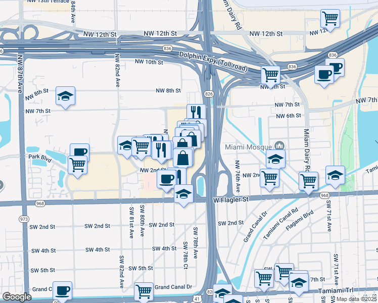 map of restaurants, bars, coffee shops, grocery stores, and more near 7755 West Flagler Street in Miami