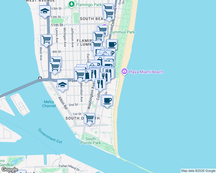 map of restaurants, bars, coffee shops, grocery stores, and more near in Miami Beach