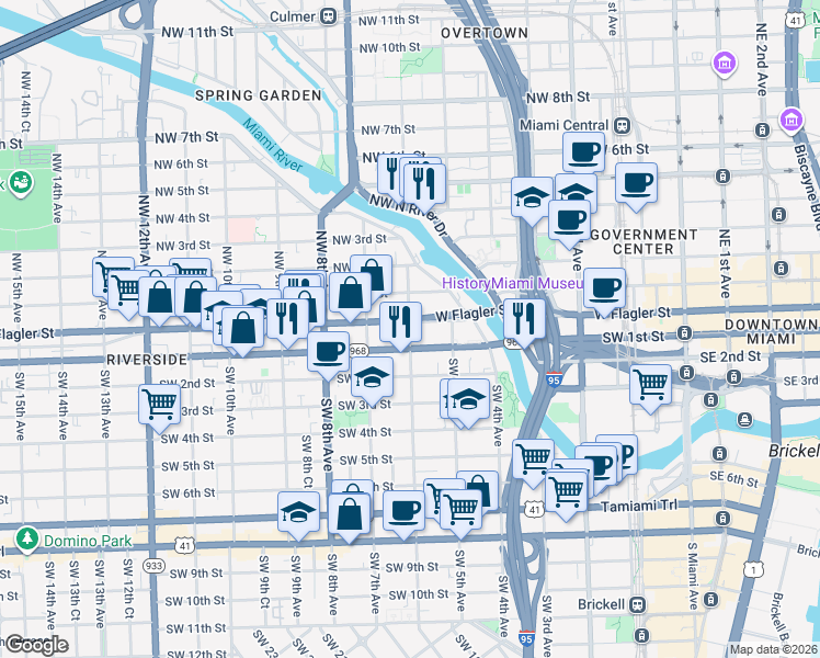 map of restaurants, bars, coffee shops, grocery stores, and more near in Miami
