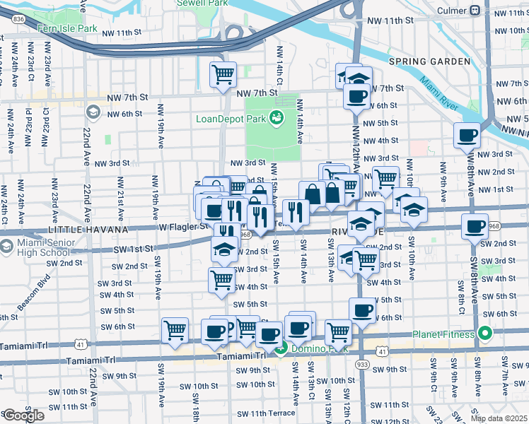map of restaurants, bars, coffee shops, grocery stores, and more near 1511 Southwest Flagler Terrace in Miami