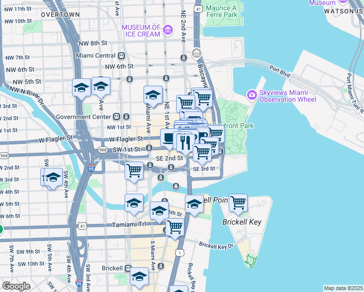 map of restaurants, bars, coffee shops, grocery stores, and more near in Miami