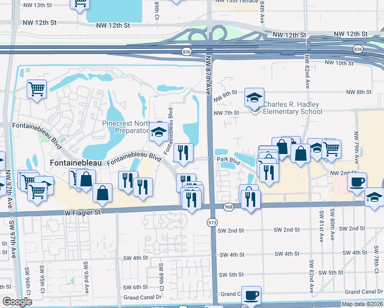 map of restaurants, bars, coffee shops, grocery stores, and more near 8775 Park Boulevard in Miami