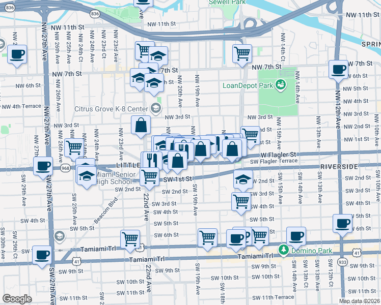 map of restaurants, bars, coffee shops, grocery stores, and more near 1917 West Flagler Street in Miami