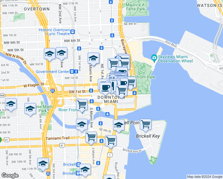 map of restaurants, bars, coffee shops, grocery stores, and more near 117 Southeast 2nd Avenue in Miami