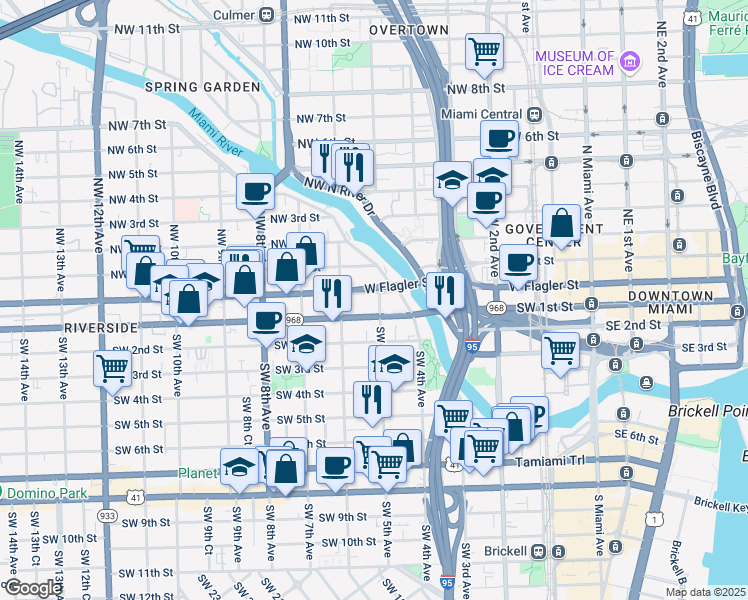 map of restaurants, bars, coffee shops, grocery stores, and more near 537 Southwest 1st Street in Miami