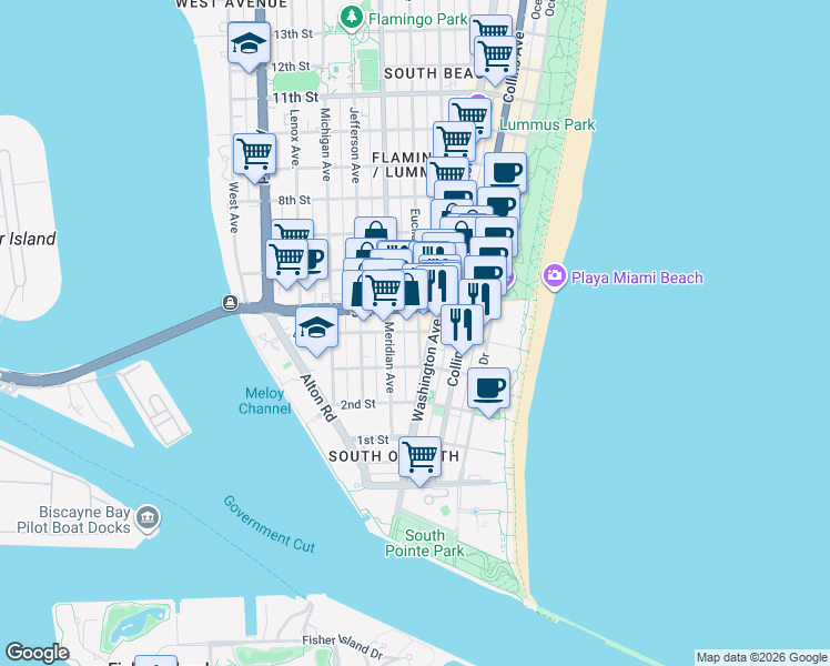 map of restaurants, bars, coffee shops, grocery stores, and more near in Miami Beach
