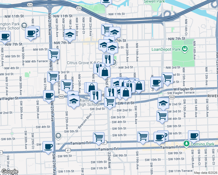 map of restaurants, bars, coffee shops, grocery stores, and more near in Miami