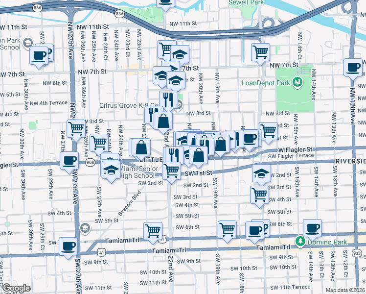 map of restaurants, bars, coffee shops, grocery stores, and more near 2033 West Flagler Street in Miami