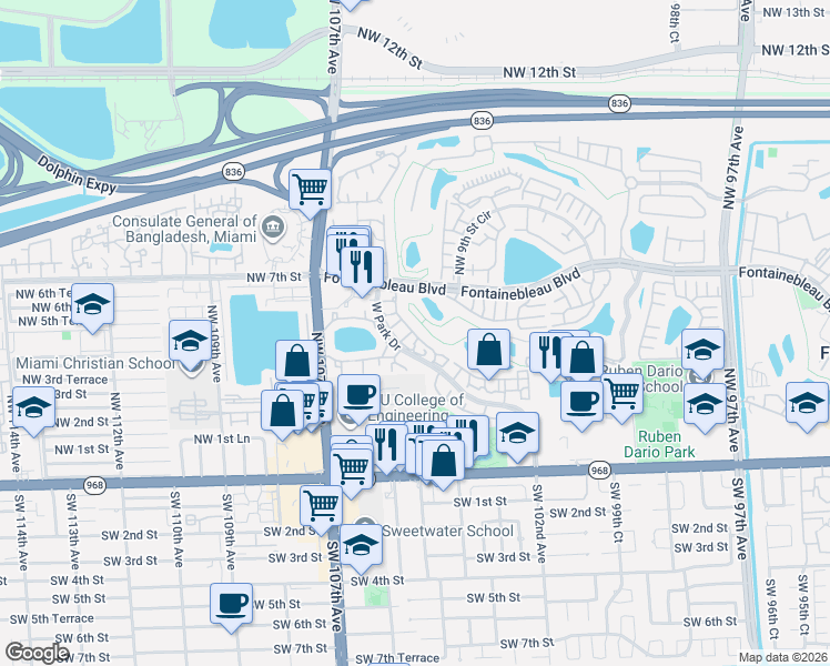 map of restaurants, bars, coffee shops, grocery stores, and more near 201 Northwest 3rd Street in Miami