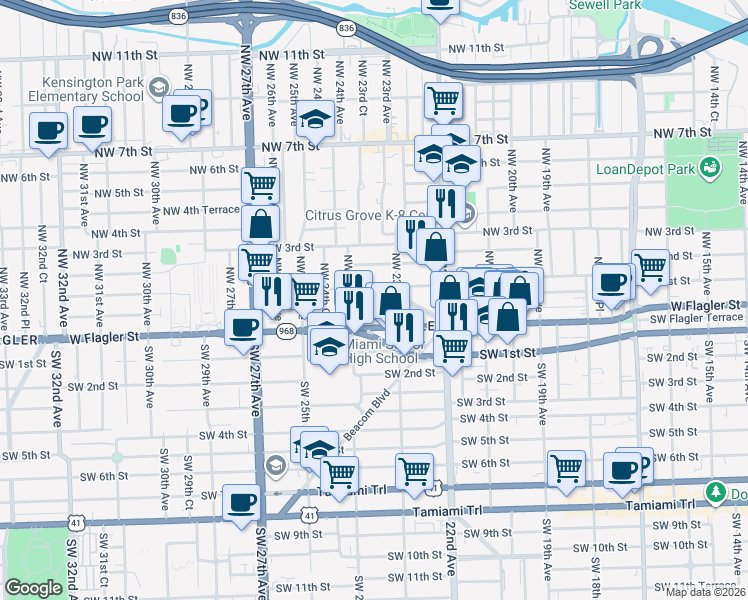 map of restaurants, bars, coffee shops, grocery stores, and more near 2306 Northwest Flagler Terrace in Miami