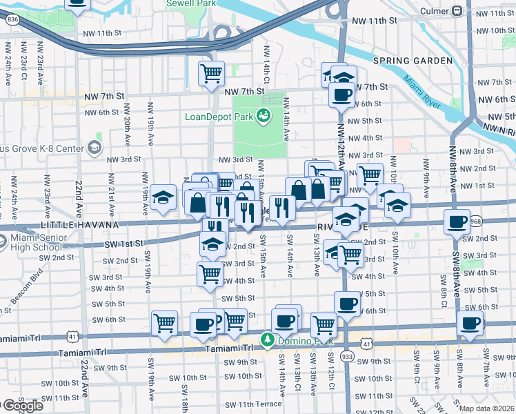 map of restaurants, bars, coffee shops, grocery stores, and more near 1511 Southwest Flagler Terrace in Miami