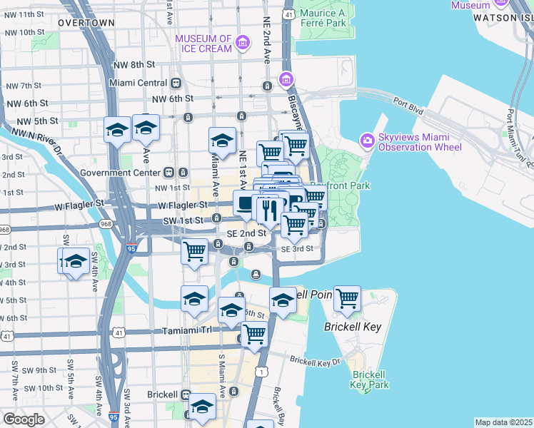 map of restaurants, bars, coffee shops, grocery stores, and more near 117 Southeast 2nd Avenue in Miami