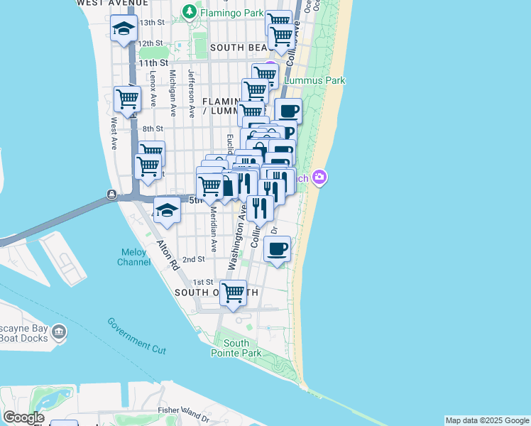 map of restaurants, bars, coffee shops, grocery stores, and more near in Miami Beach
